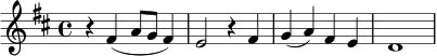 \relative c' {
\key d \major
\time 4/4
r4 fis4( a8 g fis4) |
e2 r4 fis |
g4( a) fis e |
d1
}