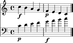 <<
\new Staff \relative c'' {
\clef treble
\time 4/4
c4\f b a g | f4\p e d c \bar "|."
}
\new Staff \relative c' {
\clef bass
\time 4/4
c4\p d e f | g4\f a b c \bar "|."
}
>>
