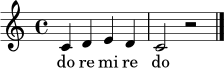 \relative c' { \clef treble \time 4/4 \key c \major c4 d e d c2 r2 \bar "|." }
\addlyrics { do re mi re do }