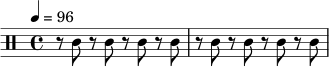 \relative c' {
\tempo 4 = 96
\clef percussion
\time 4/4
r8 c8 r8 c8 r8 c8 r8 c8 | r8 c8 r8 c8 r8 c8 r8 c8 |
}