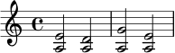 \relative c' {
\clef treble
\time 4/4
<a e'>2 <a d>2 |
<a g'>2 <a e'>2 |
}