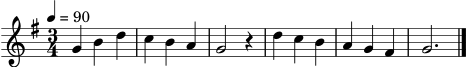 \version "2.18.2"
motiv = \relative c'' {
\time 3/4
\key g \major
\tempo 4 = 90
g4 b d | c b a | g2 r4 | d'4 c b | a g fis | g2. \bar "|."
}
\score {
\new Staff {
\set Staff.midiInstrument = "vibraphone"
\motiv
}
\layout { }
\midi { }
}