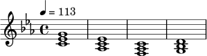 \relative c' {
\key c \minor
\time 4/4
\tempo 4 = 113
<c ees g>1 |
<aes c ees>1 |
<f aes c>1 |
<g bes d>1 |
}