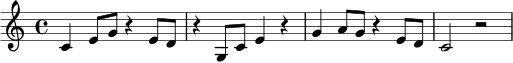 
\relative c' {
  \time 4/4
  c4 e8 g r4 e8 d | r4 g,8 c e4 r4 |
  g4 a8 g r4 e8 d | c2 r2 |
}
