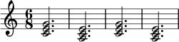 \relative c' {
\key c \major
\time 6/8
<c e g>2.
<a c e>2.
<c e g>2.
<a c e>2.
}