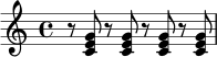 \relative c' {
\time 4/4
r8 <c e g>8 r8 <c e g>8 r8 <c e g>8 r8 <c e g>8
}
