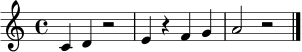 \relative c' {
\clef treble
\time 4/4
c4 d4 r2 |
e4 r4 f4 g4 |
a2 r2 \bar "|."
}