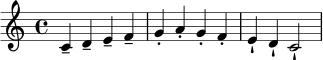 \relative c' {
\clef treble
\time 4/4
c4-- d-- e-- f-- | g4-. a-. g-. f-. | e4-! d-! c2-! |
}