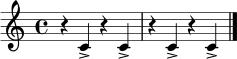 \relative c' {
\time 4/4
r4 c4-> r4 c4-> |
r4 c4-> r4 c4-> \bar "|."
}