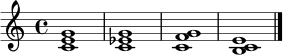 \relative c' { \time 4/4 <c e g>1 <c ees g>1 <c f g>1 <c e b>1 \bar "|." }
