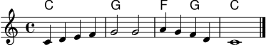 
\version "2.24.4"

akkorde = \chordmode {
  c1 | g1 | f2 g2 | c1 |
}

melodie = \relative c' {
  \key c \major
  \time 4/4
  c4 d e f | g2 g | a4 g f d | c1 | \bar "|."
}

\score {
  <<
    \new ChordNames { \akkorde }
    \new Staff { \clef treble \melodie }
  >>
  \layout { }
  \midi { \tempo 4 = 96 }
}
