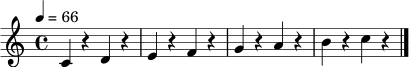 \relative c' {
\clef treble
\key c \major
\time 4/4
\tempo 4 = 66
c4 r d r |
e r f r |
g r a r |
b r c r \bar "|."
}