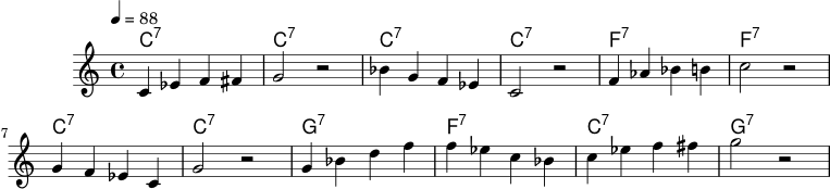 \version "2.20.0"
\score {
<<
\new ChordNames {
\chordmode {
c1:7 c1:7 c1:7 c1:7
f1:7 f1:7 c1:7 c1:7
g1:7 f1:7 c1:7 g1:7
}
}
\new Staff \relative c' {
\set Staff.midiInstrument = "alto sax"
\clef treble
\key c \major
\time 4/4
\tempo 4 = 88
c4 ees f fis | g2 r2 | bes4 g f ees | c2 r2 |
f4 aes bes b | c2 r2 | g4 f ees c | g'2 r2 |
g4 bes d f | f4 ees c bes | c4 ees f fis | g2 r2 |
}
>>
\layout { }
\midi { }
}