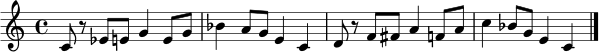 \relative c' { \key c \major \time 4/4 c8 r8 es8 e8 g4 e8 g | bes4 a8 g e4 c | d8 r8 f8 fis8 a4 f8 a | c4 bes8 g e4 c \bar "|." }