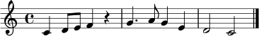 
\relative c' { \clef treble \key c \major \time 4/4 c4 d8 e f4 r4 | g4. a8 g4 e | d2 c2 \bar "|." }
