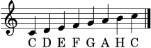 \version "2.24.0"
\language "deutsch"
\header { tagline = ##f }
\score {
<<
\new Staff \with { \remove "Time_signature_engraver" } {
\clef treble
\key c \major
\cadenzaOn
c'4 d' e' f' g' a' h' c''
\bar "|."
}
\addlyrics { C D E F G A H C }
>>
\layout { }
\midi { \tempo 4 = 84 }
}