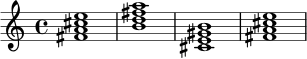 \chordmode {
fis1:m7 | b1:m7 | cis1:m7 | fis1:m7 |
}