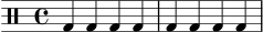 
\header { tagline = "" }
\score {
  \new DrumStaff \drummode {
    \time 4/4
    bd4 bd bd bd | bd bd bd bd |
  }
  \layout { }
  \midi { \tempo 4 = 80 }
}
