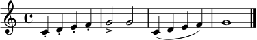 \relative c' {
\clef treble
\time 4/4
c4-. d-. e-. f-. | g2-> g | c,4( d e f) | g1 \bar "|."
}