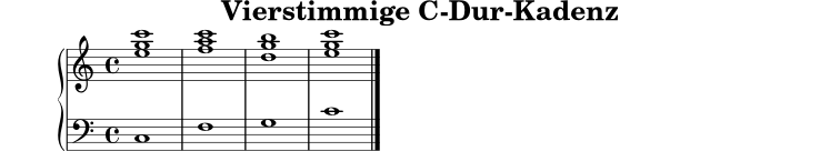 
\version "2.22.0"
\header { title = "Vierstimmige C-Dur-Kadenz" tagline = ##f }
\score {
  \new PianoStaff <<
    \new Staff \relative c'' {
      \clef treble
      \key c \major
      \time 4/4
      <e g c>1
      <f a c>
      <d g b>
      <e g c>
      \bar "|."
    }
    \new Staff \relative c {
      \clef bass
      \key c \major
      c1
      f
      g
      c
      \bar "|."
    }
  >>
  \layout { }
  \midi { \tempo 4 = 72 }
}
