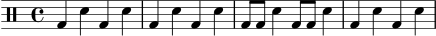 
\header { tagline = "" }
\score {
  \new DrumStaff \drummode {
    \time 4/4
    bd4 sn bd sn |
    bd4 sn bd sn |
    bd8 bd sn4 bd8 bd sn4 |
    bd4 sn bd sn |
  }
  \layout { }
  \midi { \tempo 4 = 96 }
}
