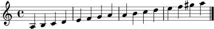 \relative c' {
\key a \minor
\time 4/4
a4 b c d e f g a
a b c d e f gis a
\bar "|."
}