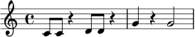 \relative c' {
\time 4/4
c8 c r4 d8 d r4 | g4 r4 g2 |
}