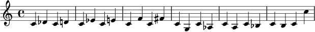 \relative c' { c4 des c d c ees c e c f c fis c g c aes c a c bes c b c c' }