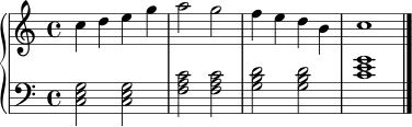 \score {
\new PianoStaff <<
\new Staff \relative c'' {
\clef treble
\key c \major
\time 4/4
c4 d e g | a2 g | f4 e d b | c1 \bar "|."
}
\new Staff \relative c {
\clef bass
\key c \major
\time 4/4
<c e g>2 <c e g> | <f a c>2 <f a c> | <g b d>2 <g b d> | <c e g>1
}
>>
\layout { }
\midi { \tempo 4 = 90 }
}