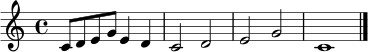 \relative c' {
\clef treble
\key c \major
\time 4/4
c8 d e g e4 d | c2 d2 | e2 g2 | c,1 \bar "|."
}