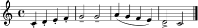 \relative c' {
\set Staff.midiInstrument = "clarinet"
\clef treble
\time 4/4
c4-. d-. e-. f-. | g2-- g-- | a4( g f e) | d2-> c \bar "|."
}