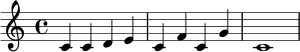 \relative c' { \clef treble \key c \major \time 4/4 c4 c d e | c4 f c g' | c,1 }