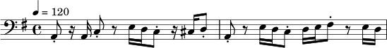 \relative c {
\clef bass
\key a \dorian
\time 4/4
\tempo 4 = 120
a8-. r16 a16 c8-. r8 e16 d c8-. r16 cis d8-. |
a8-. r8 e'16 d c8-. d16 e fis8-. r8 e16 d |
}