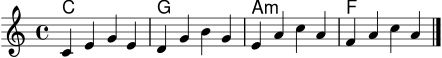 \score {
<<
\new ChordNames \chordmode { c1 | g1 | a1:m | f1 | }
\new Staff \relative c' { \set Staff.midiInstrument = "acoustic grand" \key c \major \time 4/4 c4 e g e | d g b g | e a c a | f a c a \bar "|." }
>>
\layout { }
\midi { \tempo 4 = 92 }
}