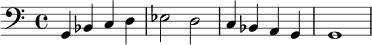 
\relative c {
  \clef bass
  \time 4/4
  g4 bes c d |
  ees2 d2 |
  c4 bes a g |
  g1 |
}
