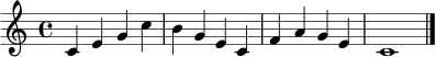 \relative c' {
\clef treble
\time 4/4
\key c \major
c4 e g c | b g e c | f a g e | c1 \bar "|."
}