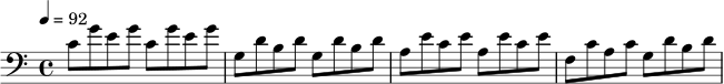 
\relative c' {
  \clef bass
  \key c \major
  \time 4/4
  \tempo 4 = 92
  c8 g' e g
  c,8 g' e g
  g,8 d' b d
  g,8 d' b d
  a8 e' c e
  a,8 e' c e
  f,8 c' a c
  g8 d' b d
}
