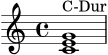 
\score {
  \new Staff {
    \clef treble
    \key c \major
    \time 4/4
    <c' e' g'>1^\markup { "C-Dur" }
  }
  \layout { }
  \midi { }
}
