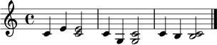 \relative c' {
\clef treble
\time 4/4
c4 e <c e>2 | c4 g <c g>2 | c4 b <c b>2 \bar "|."
}