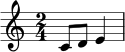 \relative c' { \clef treble \time 2/4 c8 d e4 | }