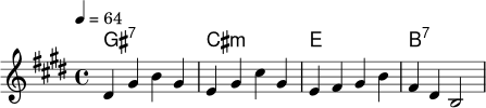 <<
\new ChordNames \chordmode {
gis1:7 cis1:m e1 b1:7
}
\new Staff \relative c' {
\key e \major
\time 4/4
\tempo 4 = 64
dis4 gis b gis |
e4 gis cis gis |
e4 fis gis b |
fis4 dis b2 |
}
>>