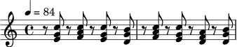 \version "2.24.0"
\relative c' {
\key c \major
\time 4/4
\tempo 4 = 84
r8 <e g c>8 r8 <f a c>8 r8 <e g c>8 r8 <d g b>8 |
r8 <f a c>8 r8 <e g c>8 r8 <d f a>8 r8 <d g b>8 |
}
