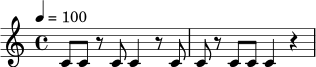 
\relative c' {
\time 4/4
\tempo 4 = 100
c8 c r8 c c4 r8 c |
c8 r8 c c c4 r4
}
