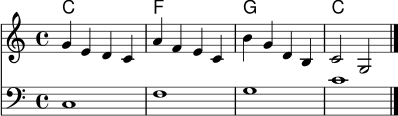 \version "2.22.0"
akkorde = \chordmode { c1 f g c }
\score {
<<
\new ChordNames \akkorde
\new Staff \relative c'' {
\key c \major
\time 4/4
g4 e d c
a'4 f e c
b'4 g d b
c2 g2
\bar "|."
}
\new Staff \relative c {
\clef bass
\key c \major
c1
f1
g1
c1
}
>>
\layout { }
\midi { \tempo 4 = 84 }
}