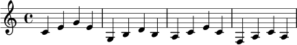 
\relative c' {
  \time 4/4
  \key c \major
  c4 e g e |
  g,4 b d b |
  a4 c e c |
  f,4 a c a |
}
