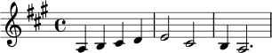 \relative c' {
\key a \major
\time 4/4
a4 b cis d | e2 cis | b4 a2.
}