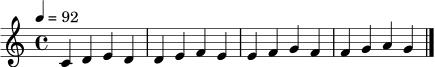 \relative c' { \tempo 4 = 92 \clef treble \key c \major \time 4/4 c4 d e d | d4 e f e | e4 f g f | f4 g a g | \bar "|." }