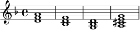
\relative c' {
  \key d \minor
  \time 4/4
  <d f a>1 | <bes d f>1 | <g bes d>1 | <a cis e g>1 |
}
