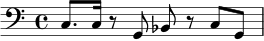 
\relative c {
  \clef bass
  \time 4/4
  c8. c16 r8 g8 bes8 r8 c8 g8
}
