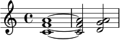 \relative c' {
\time 4/4
<c f a>1~ |
<c f a>2 <d g a>2 |
}